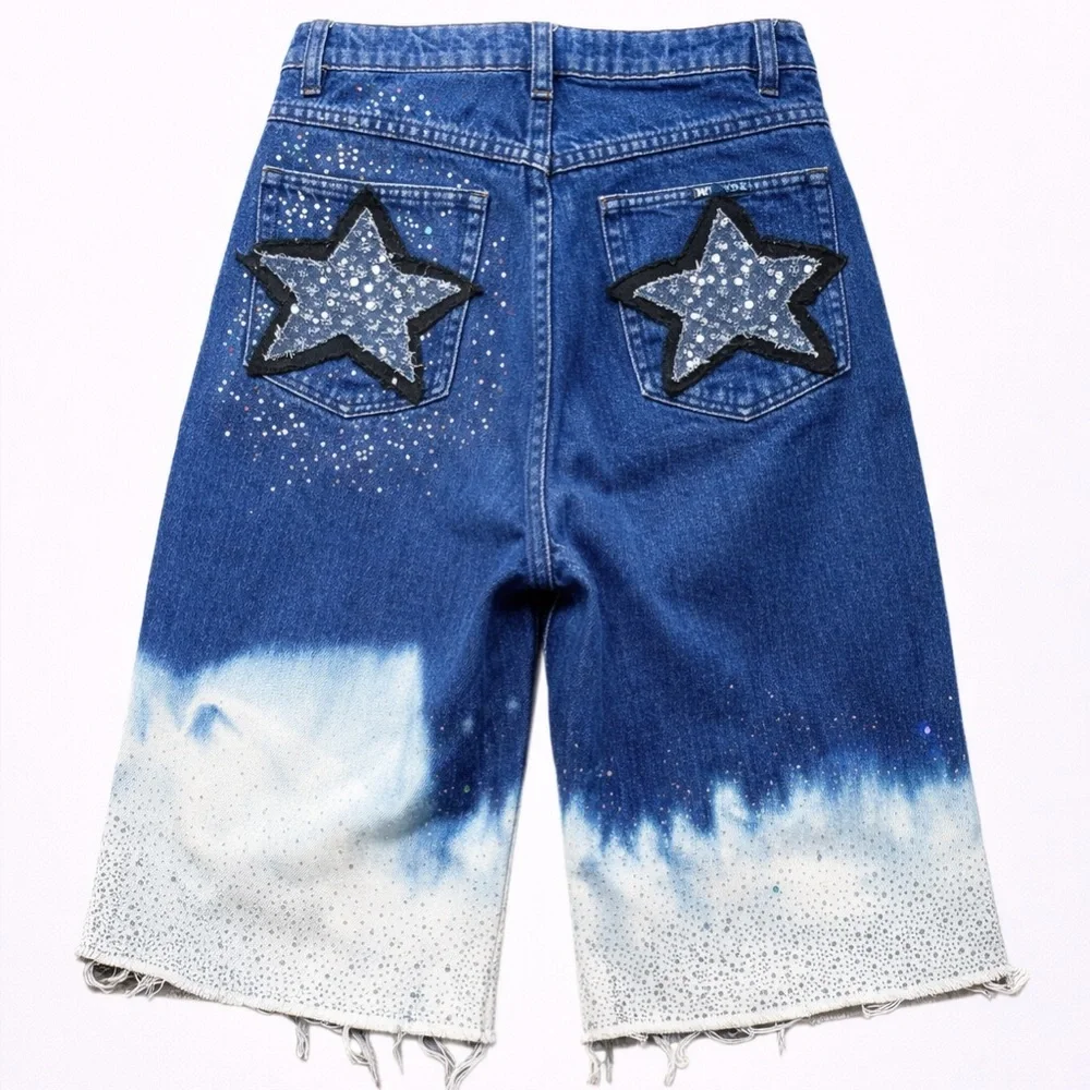 Rolla’s Upcycled Rhinestone Star Denim Bermuda Shorts Festival Boho Sparkle S